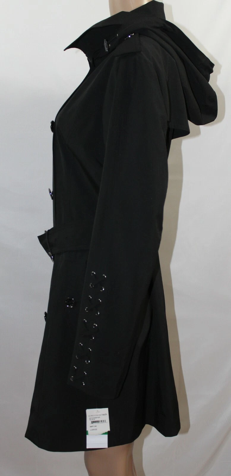 Michael Kors trench nero maniche stringate cintura cappuccio doppio bottone nuovo con etichetta L