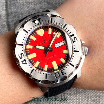 Tandorio NH36 Sapphire Crystal Mens Automatic Watch AR Coating Day/Date Red Dial