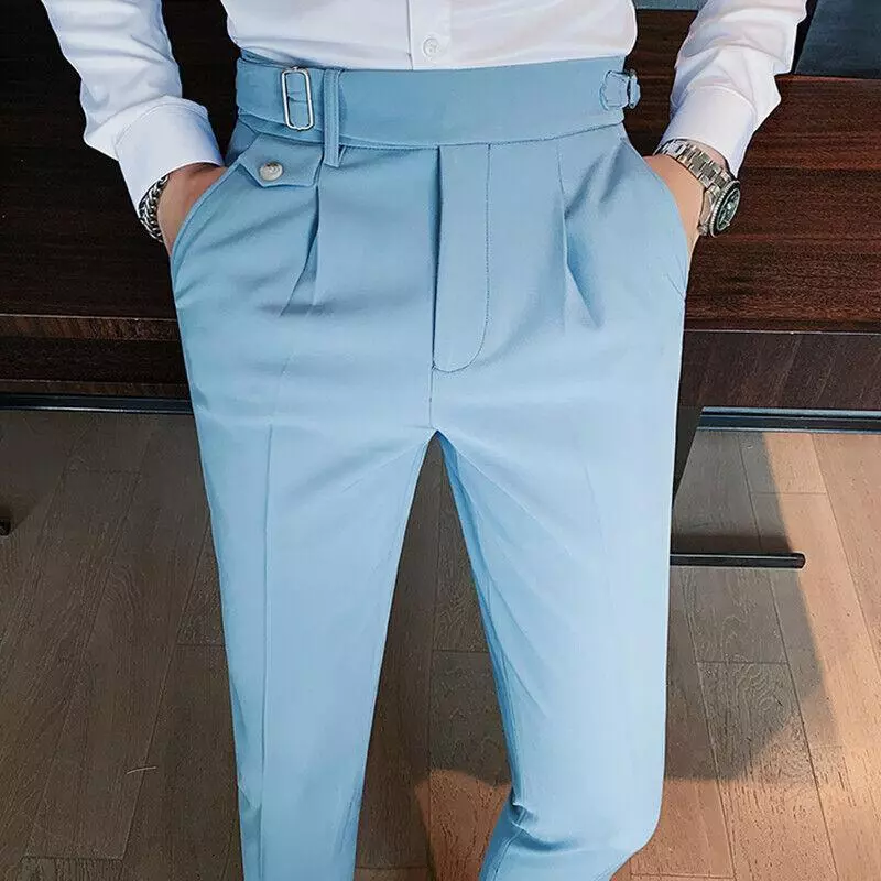 Fashion Men High Waist Pants Slim Dress Trousers Casual Formal Dress Suit  Pants