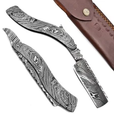 Custom Hand Made Damascus Steel Straight Folding Razor With Shave Ready Razor-45