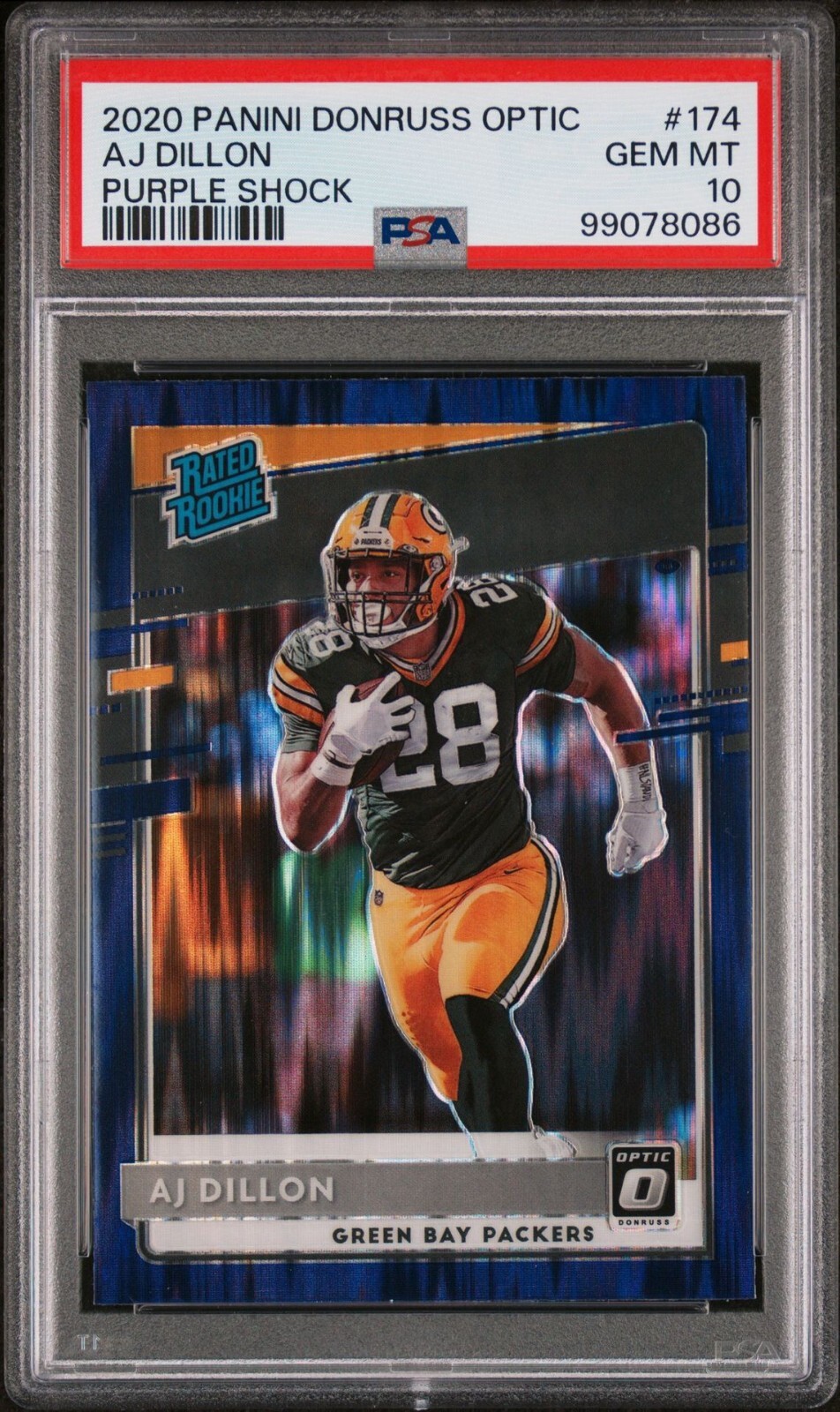 2020 Donruss Optic AJ Dillon Purple Shock RC #174 Packers PSA Gem MT 10