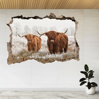 Scottish Highlanders Cows Winter 3D Smashed View Wandsticker Poster Aufkleber A66
