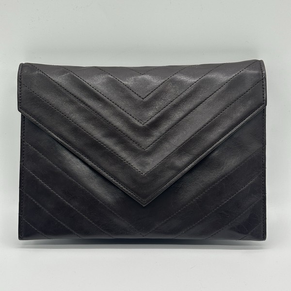 Yves Saint Laurent Clutch Bag Dark Brown Leather V-stitch Purse Pouch Authentic