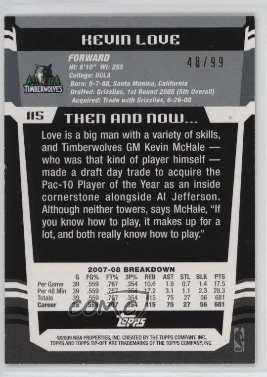 2008-09 Topps Tip-Off Gold /99 Kevin Love #115 Rookie RC - Image 2 of 2