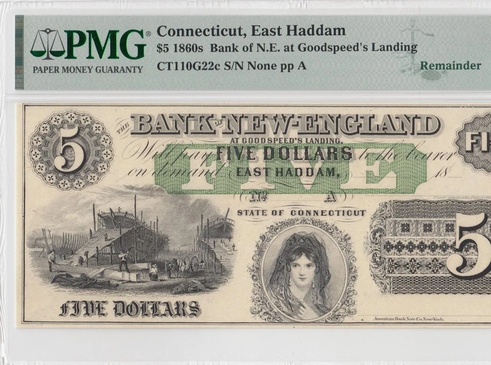 1860 BANK OF NEW ENGLAND "EAST HADDAM" $5 **RARE** (( PMG 65 EPQ )) - Image 2 of 4