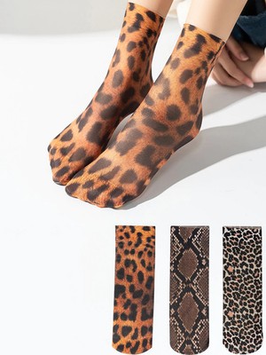 3 Pairs Leopard Large Flower Print Short Socks Stocking High Elastic Comfortable