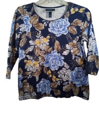 Karen Scott Top Women L Blue Floral Round Neck 3/4 Sleeve