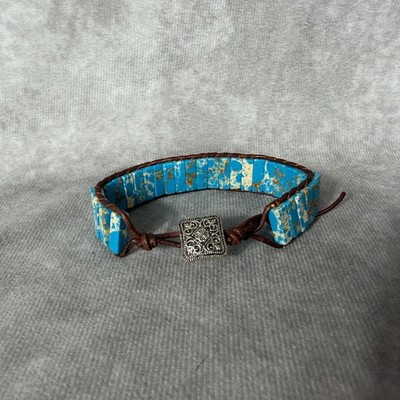Vtg Boho Blue Imperial Jasper Wrap Bracelet Leather Cord Silver Filigree Clasp