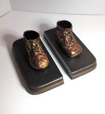 VINTAGE COPPER COLORED BRONZED BABY SHOE PAIR BOOKENDS / BOOK ENDS