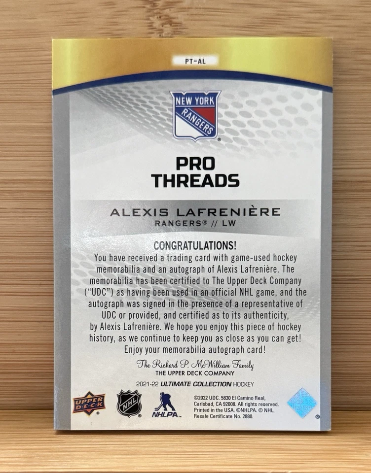 2021-22 Upper Deck Ultimate Alexis Lafreniere Pro Threads Auto Patch /25 - Image 2 of 2