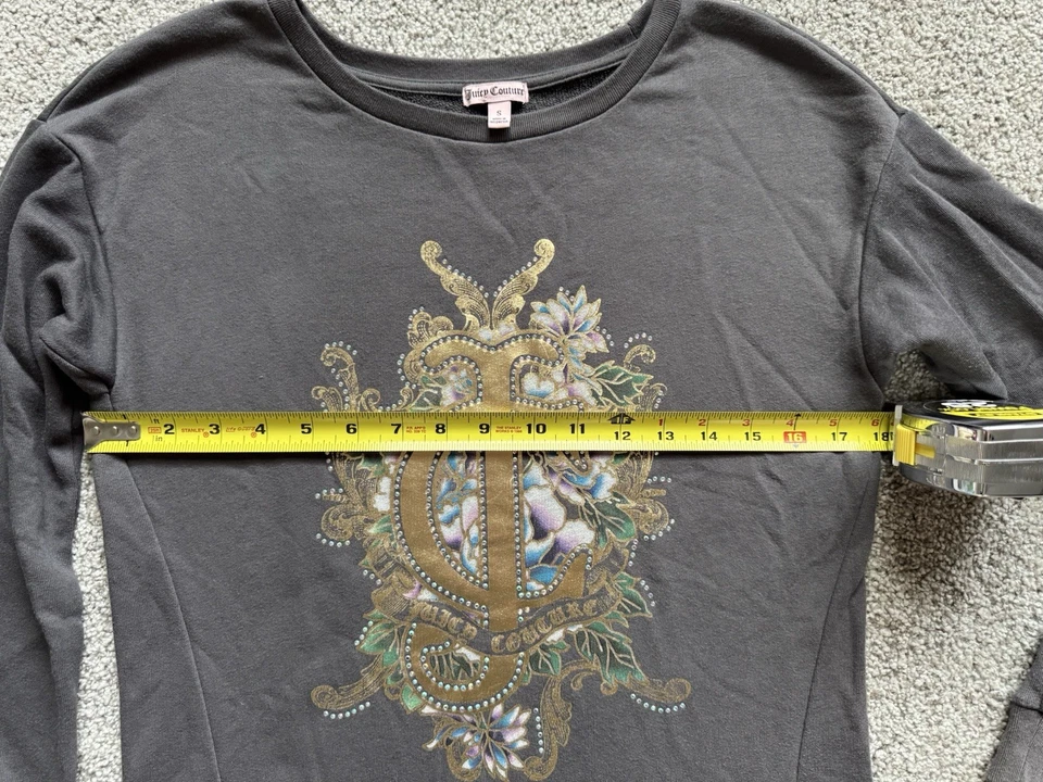 YTG Y2K Juicy Couture Gray Sweatshirt Gem Embellished Gold Metallic Floral Sz S - Image 4 of 4