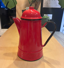 Vintage Red Enamel Coffee Pot Tall Retro Polish Enamelware Kitchenalia