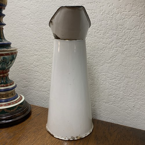 Vintage French Enamel Pitcher White & Dark Blue 12.75” Tall Farmhouse Rustic - Picture 4 of 9