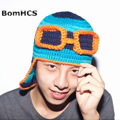 Funny Retro Pilot Beanie Glasses Hat Handmade Knitted Winter