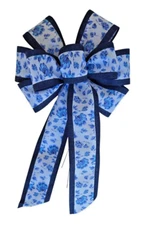 Blue Chinoiserie Wreath Bow, Handmade, Floral, Wired, Several Sizes