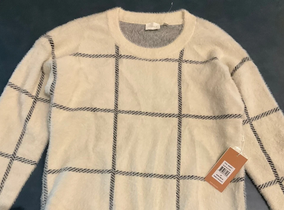 CYRUS 女式 M 象牙色和黑色格子套衫长袖毛衣 99 美元全新带标签 — 第 4/4 张图片