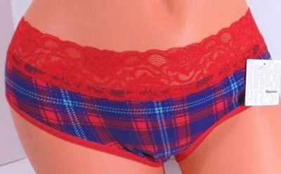 Women's  Free Press Red & Blue Lacy Plaid Hipster Panty   Size M  NWT