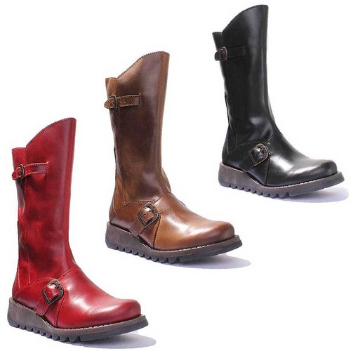 Womens Leather Mini Wedge Long Boots UK 