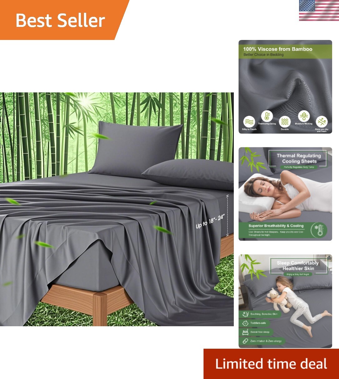 Cooling Rayon Bamboo Deep Pocket King Sheets - Soft Breathable Luxury  