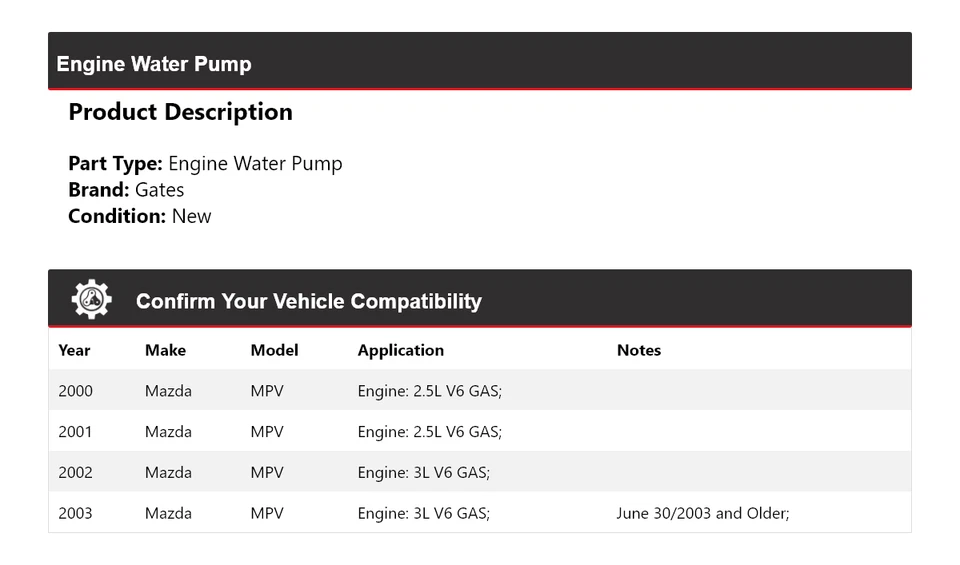适用于 2000 - 2003 年马自达 MPV 发动机水泵门 2001 2002 — 第 2/4 张图片