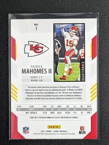 2021 Panini Score #1 Patrick Mahomes Kansas City Chiefs Base Card - Picture 2 of 2