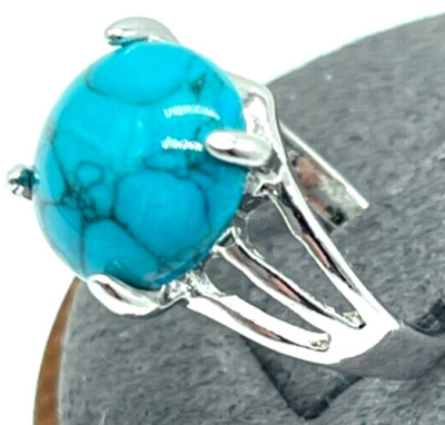 Ring Silver Tone Large Round Blue Turquoise. Size 6