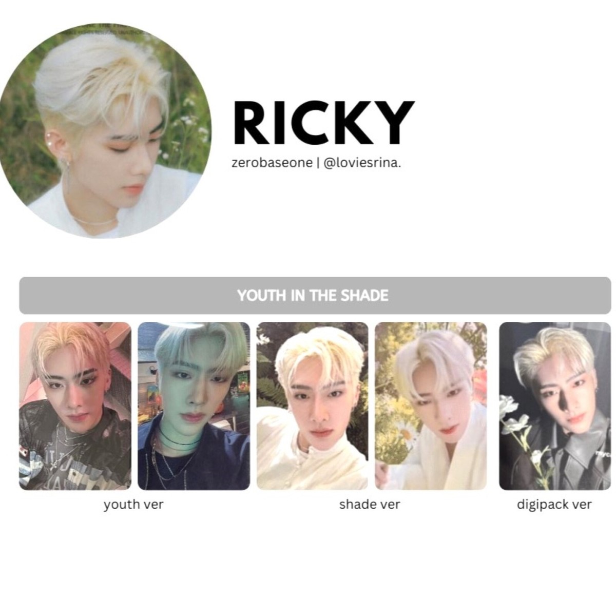 ZEROBASEONE RICKY ZB1 YOUTH IN THE SHADE official Photo card ZEROBASEONE RICKY ZB1 YOUTH IN THE SHADE official Photo card