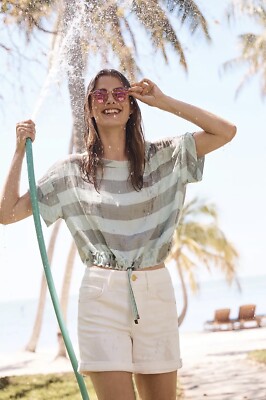 Anthropologie Akemi + Kin Breezy Drawstring Tee Medium Green Stripe Size M