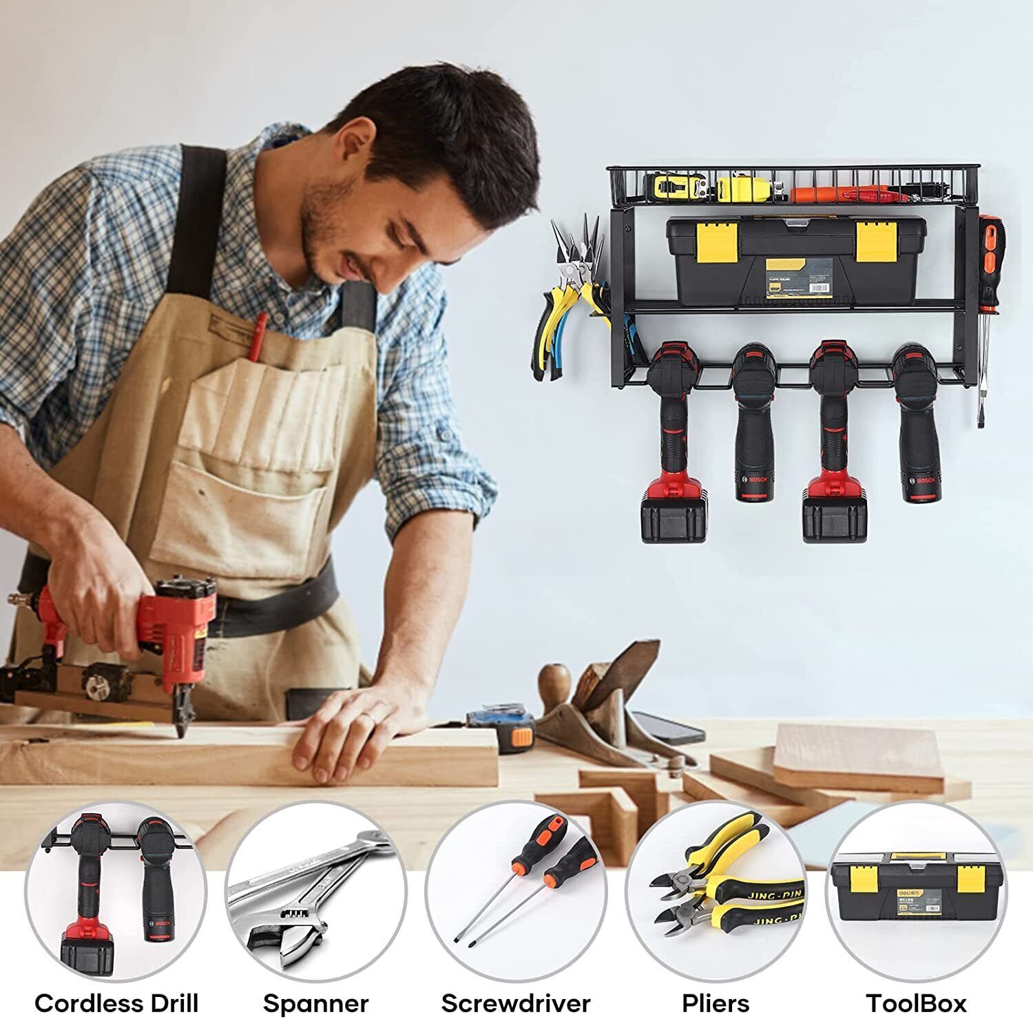 Metal Power Tool Storage Rack Shelf Wall Mount Garage Organizer Drill