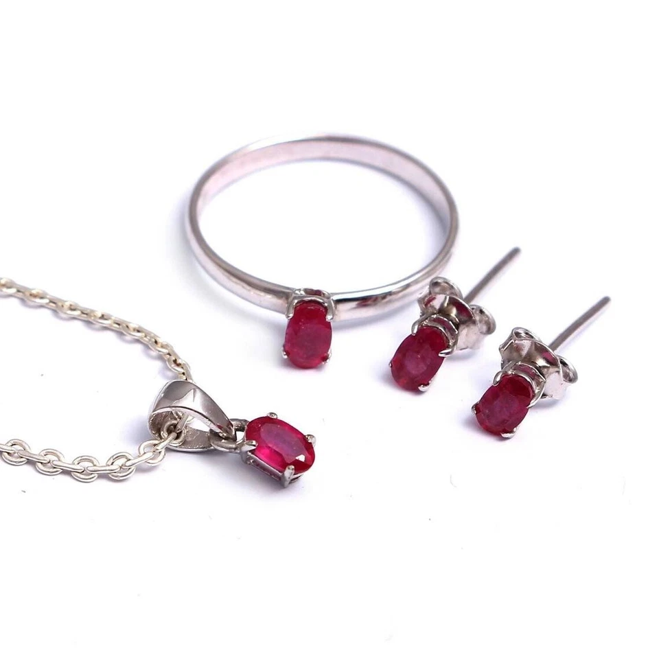 Rosa Rubino Ovale Gemma 925 Argento Sterling Donna Gioielli Set Damigella Regali - Immagine 2 di 4