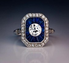 Art Deco Style Old European Round Cut Sapphire Engagement Ring Milgrain Ring