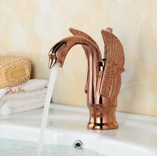 Rose Gold Brass swan Style Bathroom Basin Mixer Tap Sink Faucet Deck Mounted