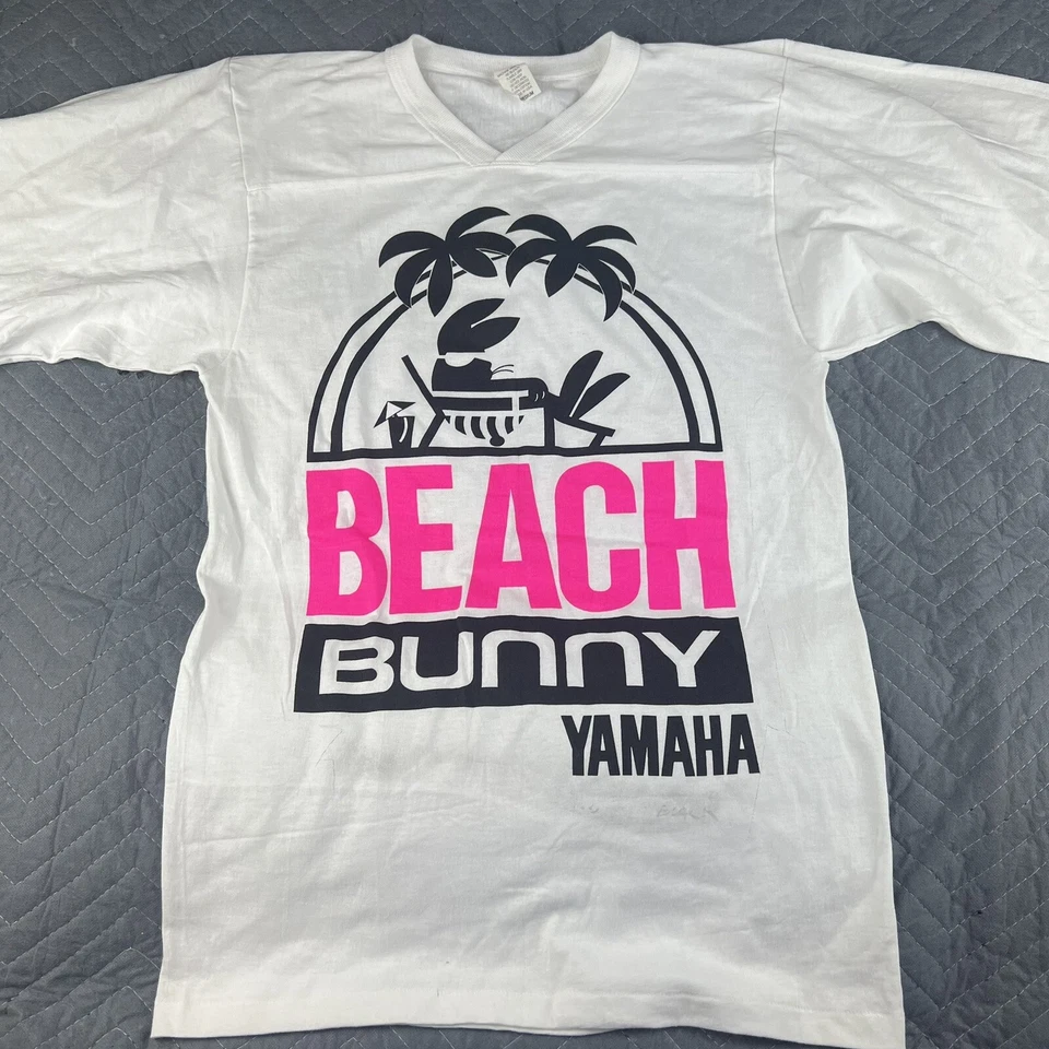 Vintage Yamaha Shirt Mens Medium White Beach Bunny Rabbit  3/4 Sleeves Rare 90s - Image 2 of 4