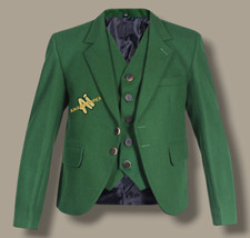 Men's Green Wool Argyle Kilt Jacket Scottish Wedding Highland Jacket With Vest
