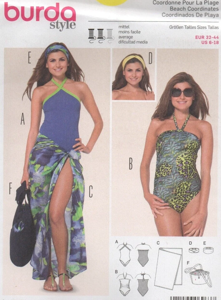 Burda Sewing Pattern 6963 Swimsuit Costume Sarong Bag Headband Size 6 - 18 NEW - Image 4 of 4