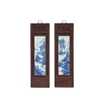 Pair Chinese Blue White Landscape Porcelain Painting Wall Panels GB076B