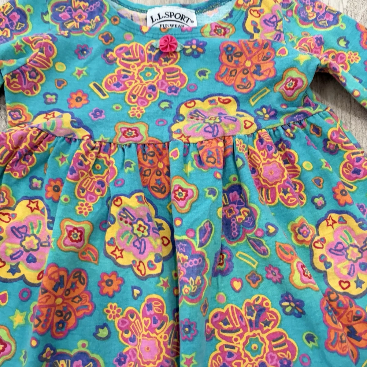 VTG 90S Girls Floral Dress L. L. Bean Sport Colorful Teal Size 4 Long Sleeve Usa