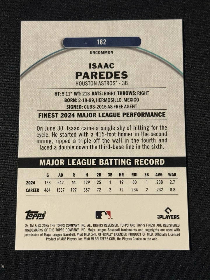 2025 Topps Finest - Uncommon Isaac Paredes #182 Blue Checkerboard Refractor /75 - Image 2 of 2