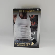 TRUE RELIGION 5 Pack Men's M L Black Premium Cotton Horseshoe Logo Ribbed Tanks