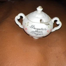 Miniature Bone China Sugar Bowl With Tiny Spoon 3”x2” Precious Piece!