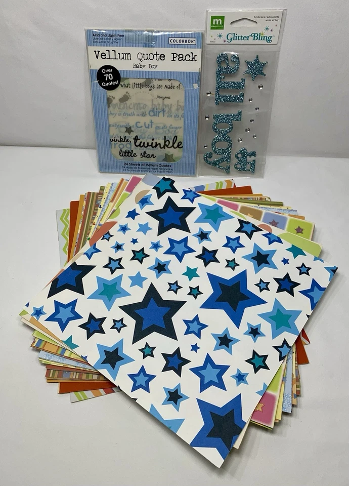 8x8 Cardstock Lot - 26 Sheets - Little Boy Themed - Vellum Pack + Embellishment - Image 2 of 4