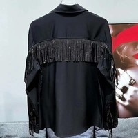 New Luxury Men Diamond Rhinestones Fashion Tassel Black White Shirt High Quality