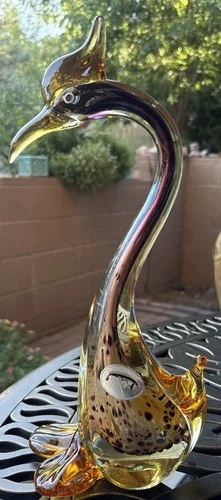 Murano Glass Duck Hand Blown Art Amber Gold 12" MCM Loon Goose Bird Footed