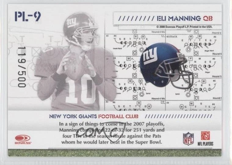 2008 Donruss Gridiron Gear Playbook /500 Eli Manning #PL-9 - Image 2 of 2