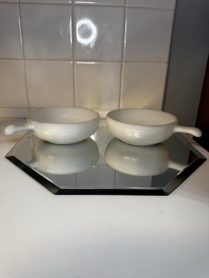 2 Vintage Glasbake White Milk Glass Soup Bowls with Handles,11 oz.