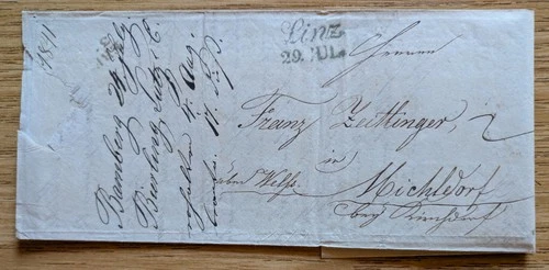Vorphilabrief , gelaufen 1841 von Linz (grün) nach Micheldorf -mit Inhalt