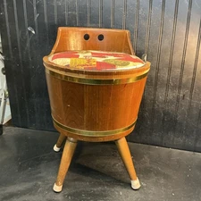 Antique Wooden  Bucket w/ Padded Lid Seat Sewing Basket Stool Seat Country Craft