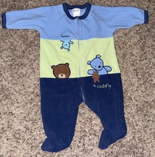 Vintage Carter's Classics 0-3 Month Bear Blue Fleece Footed Pajama Y2K Baby Boy