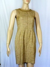 Sz 4 ELIE TAHARI Dress Tan Brown Tweed Sheath Fitted Cotton Silk Sleeveless Work
