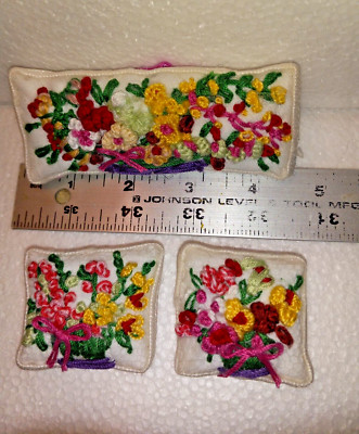 3 Hand Embroidered Throw Pillows/Shams/Cushions 1:12-1:6'' Scale Dollhouse - OOK